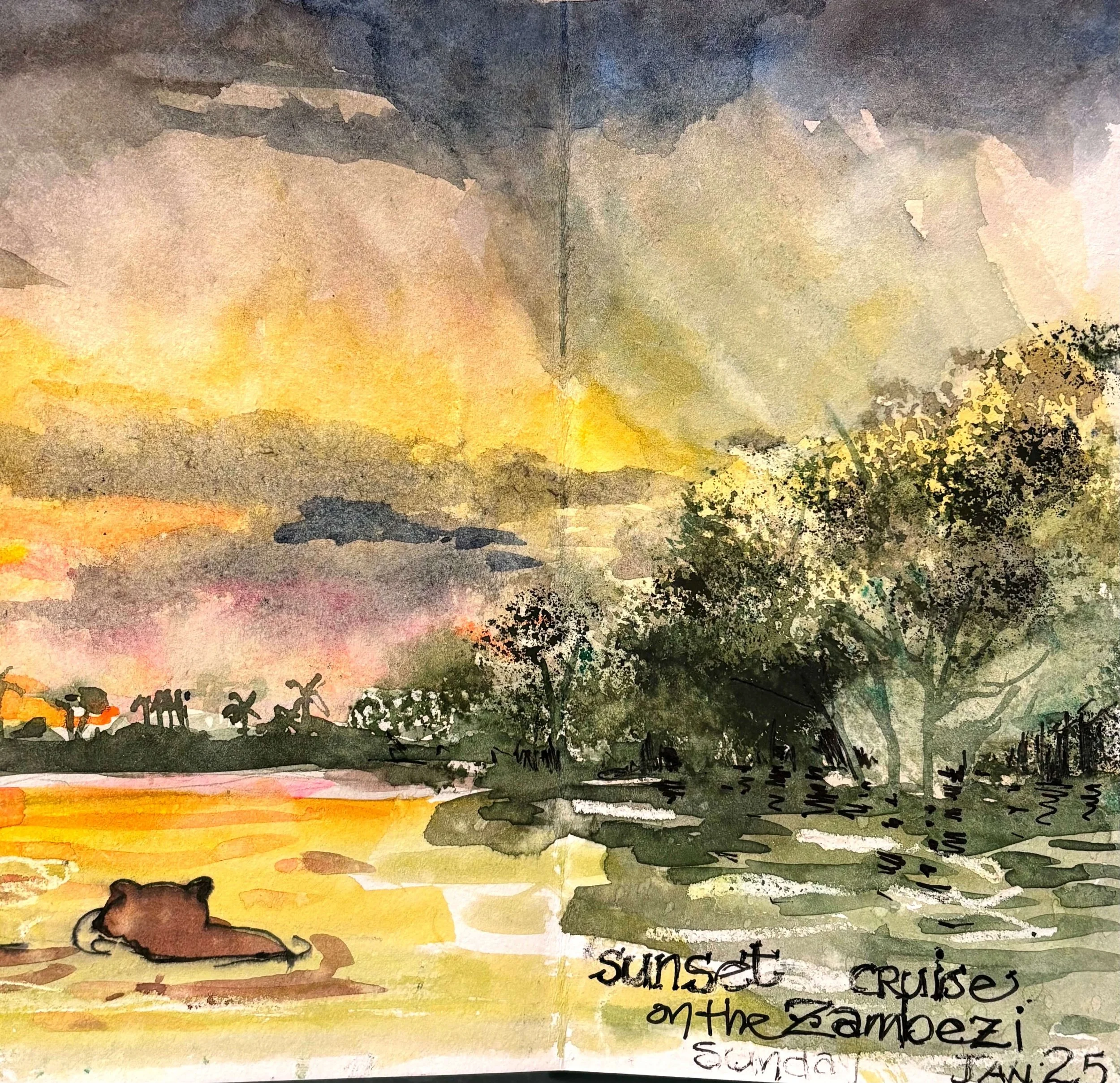 A watercolor painting of a sunset over a landscape with silhouettes of trees and a small animal in the foreground.