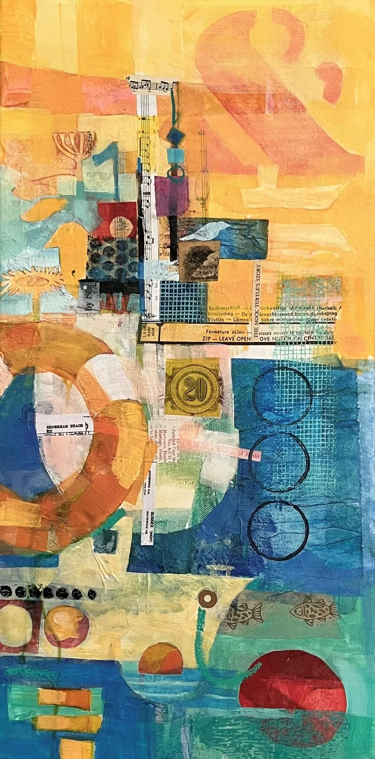 Abstract mixed media collage with vibrant colors, layered textures, musical notes, numbers, and various symbols and images including fish and circles.