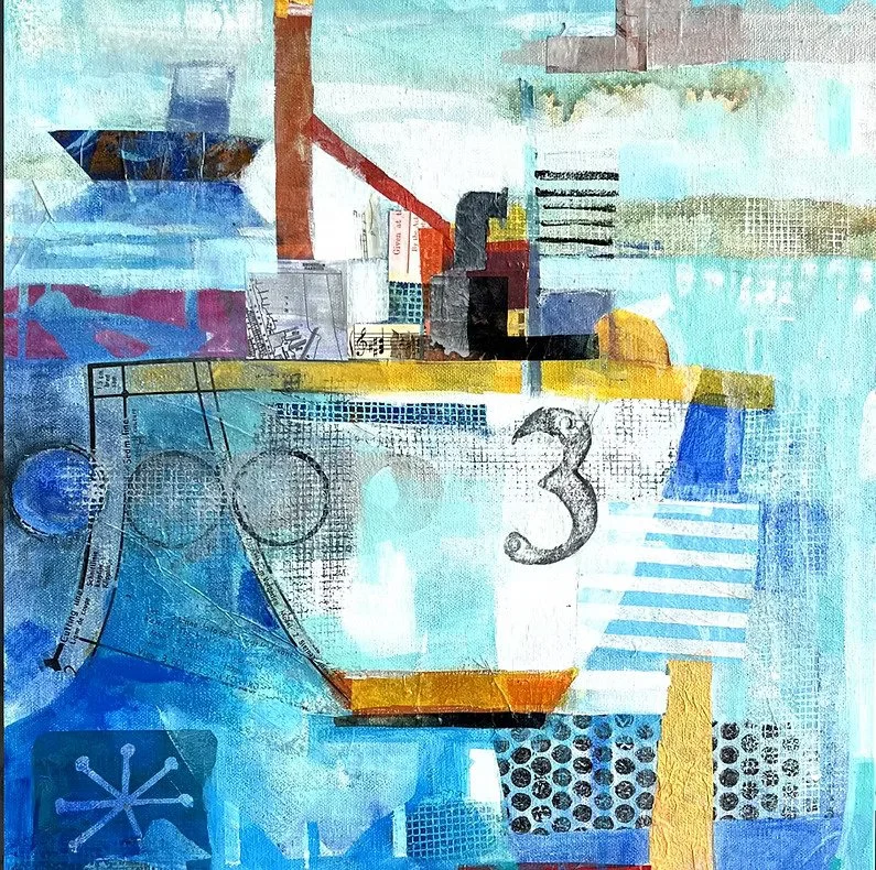 Abstract urban cityscape with geometric shapes, buildings, and a prominent cup with the number 3, in shades of blue, yellow, and black.