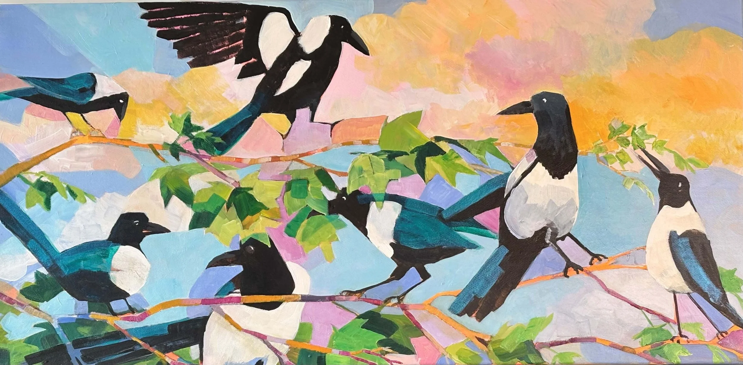 A colorful painting of several magpies perched on tree branches with green leaves, set against a background with shades of pink, orange, and blue.