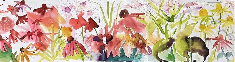 Watercolor painting of various colorful flowers and plants.