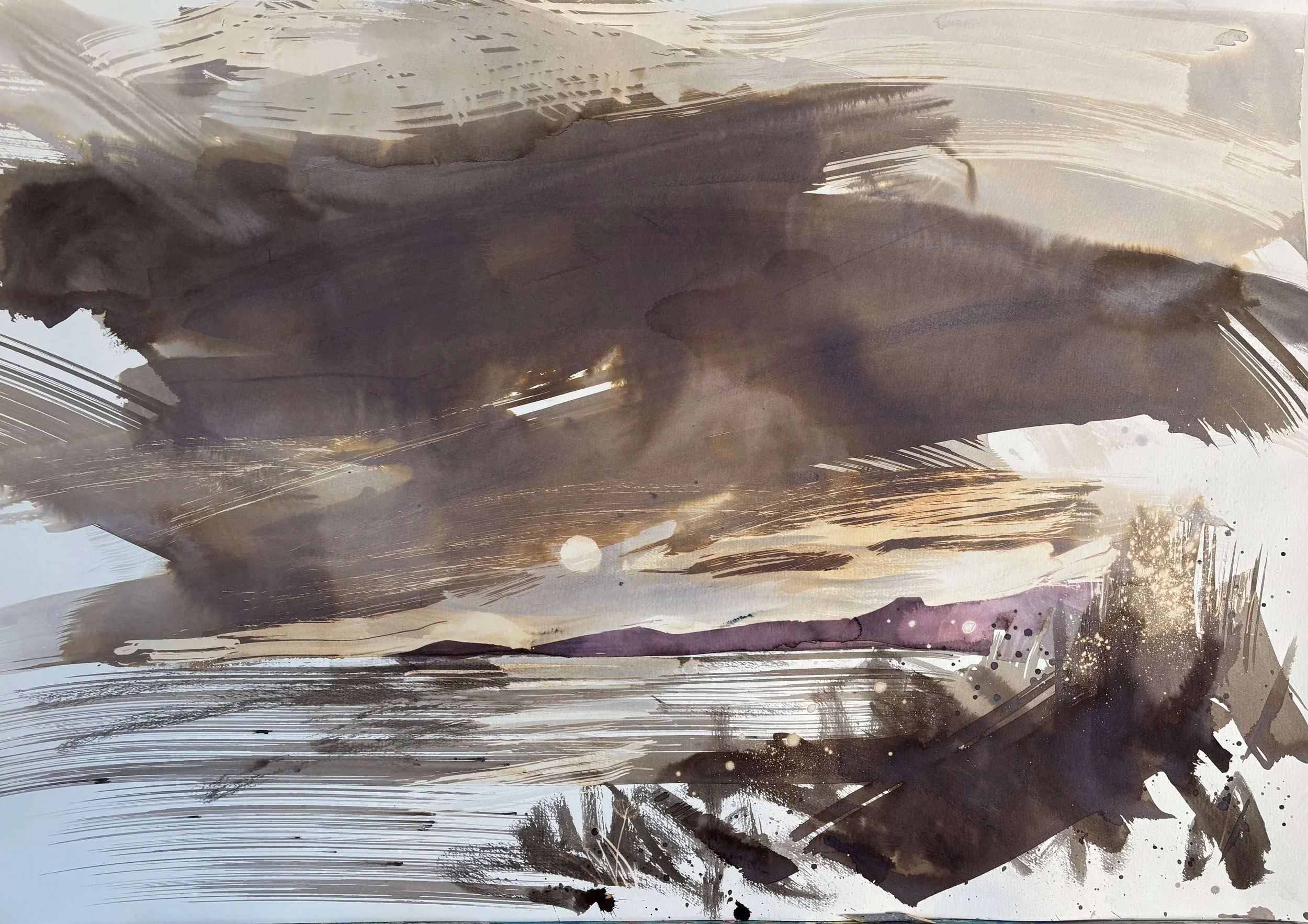 An abstract painting with broad, sweeping brushstrokes in shades of gray, black, and white, with some splatter and drip effects.