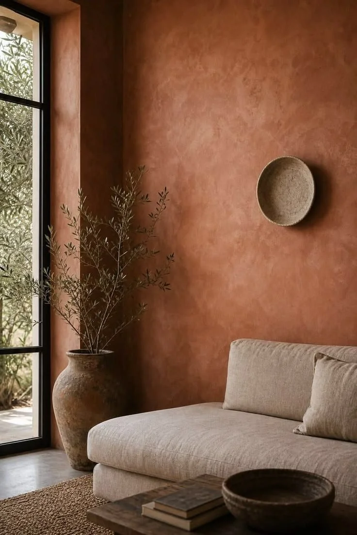 Interior of a cozy living room with a textured terracotta-colored wall, a beige upholstered sofa, a large potted plant with olive branches near a window, a textured wall basket on the wall, and a wooden coffee table with books in front of the sofa.