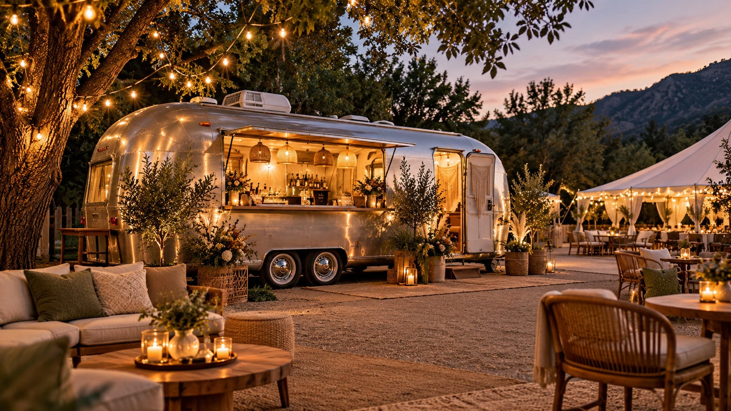 Elegant outdoor event with a vintage Airstream bar, string lights, lounge seating, and mountain views at sunset