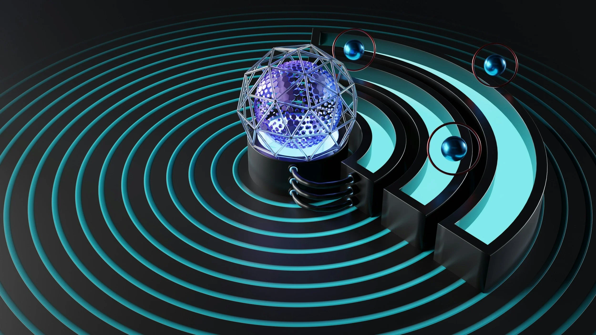 A futuristic, glowing geometric structure with a metallic and blue hue, situated on a spiral black and blue patterned surface. Surrounding the main structure are four blue spheres enclosed in red rings.