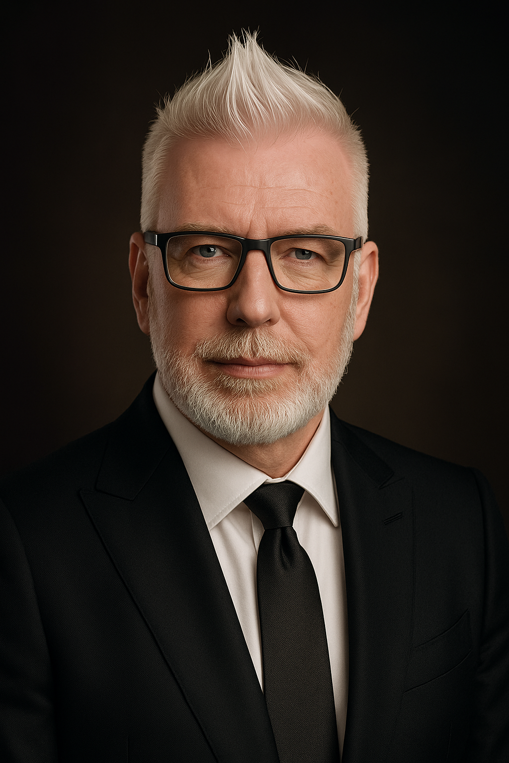 A middle-aged man with white hair, beard, and glasses wearing a black suit, white shirt, and black tie, looking directly at the camera against a dark background. He is the CEO of The Risk Concierge.