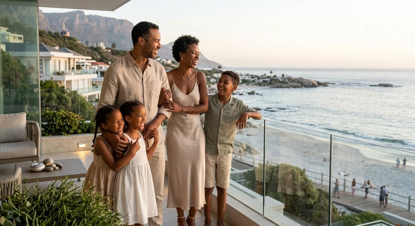 Family of five in Cape Town, including two adults and three children, enjoying being together on a balcony overlooking a beach at sunset, with the ocean and rocky coastline in the background. They are safe and happy