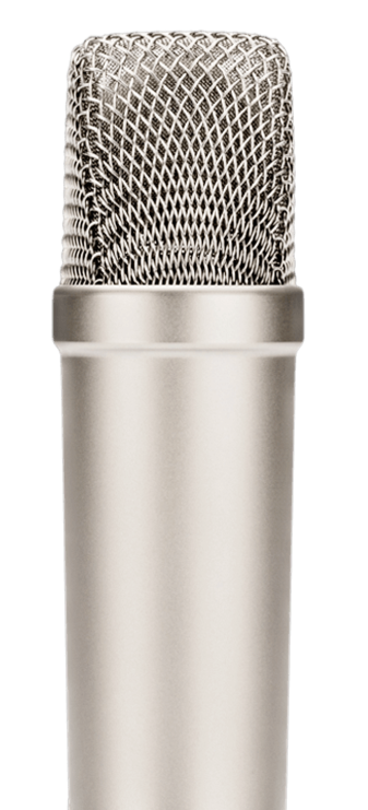 Close-up of a silver professional condenser microphone with a mesh grille.