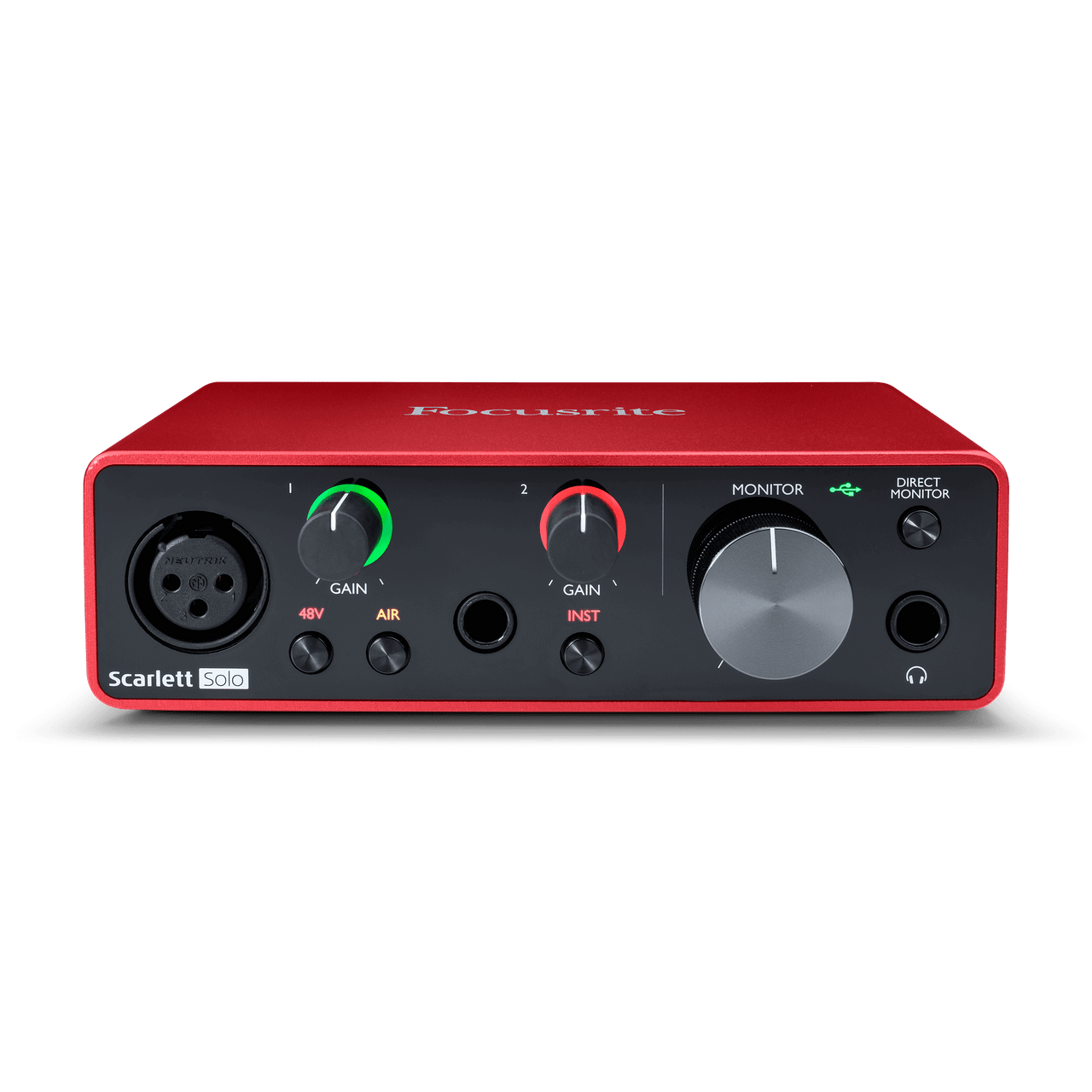 Red audio interface with black front panel, various knobs and ports, labeled Scarlett Solo, for music recording and monitoring.