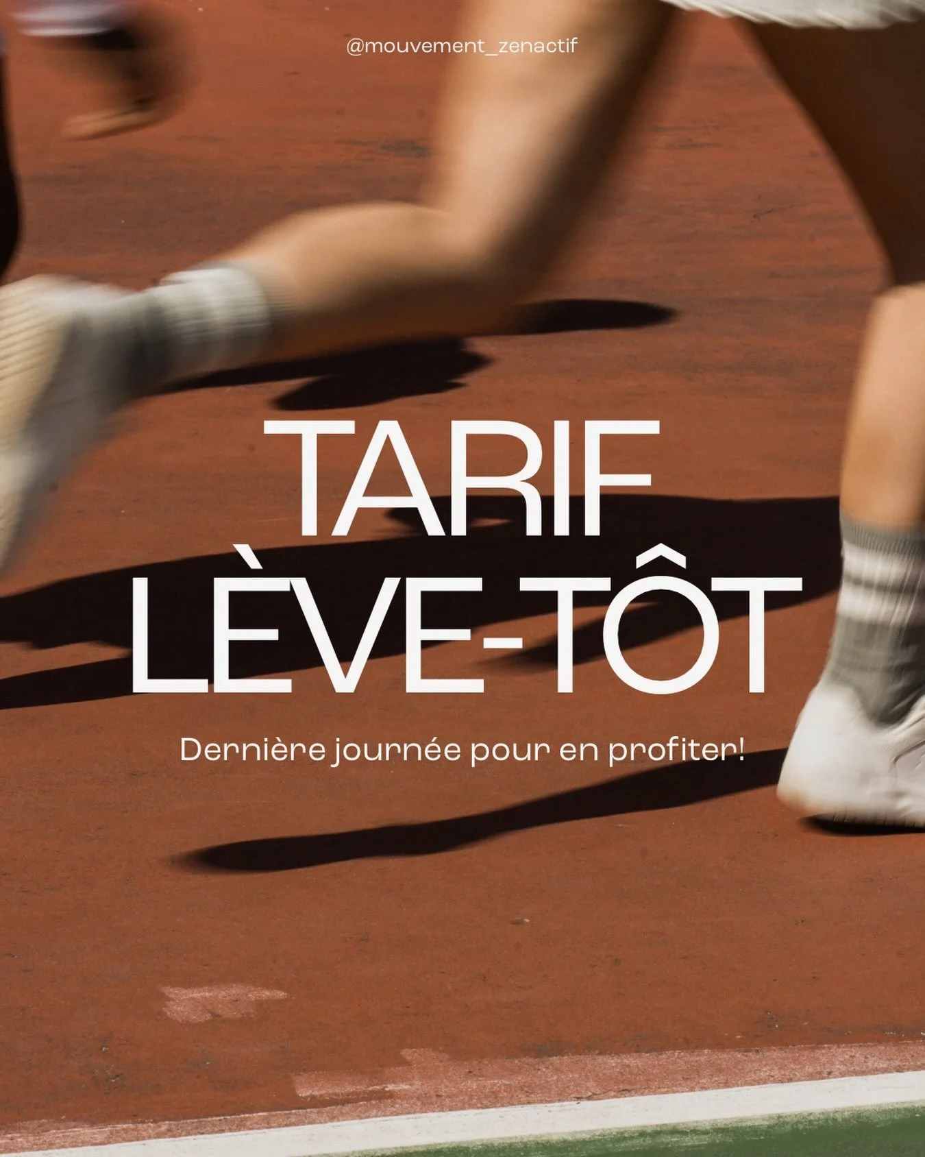 ⏰ DERNI&Egrave;RE JOURN&Eacute;E 🍂 Tarif l&egrave;ve-t&ocirc;t

C&rsquo;est la derni&egrave;re journ&eacute;e pour profiter du tarif l&egrave;ve-t&ocirc;t sur la session d&rsquo;automne! 🏃🏽&zwj;♂️

Apr&egrave;s minuit, les prix augmentent.

🏃&zwj