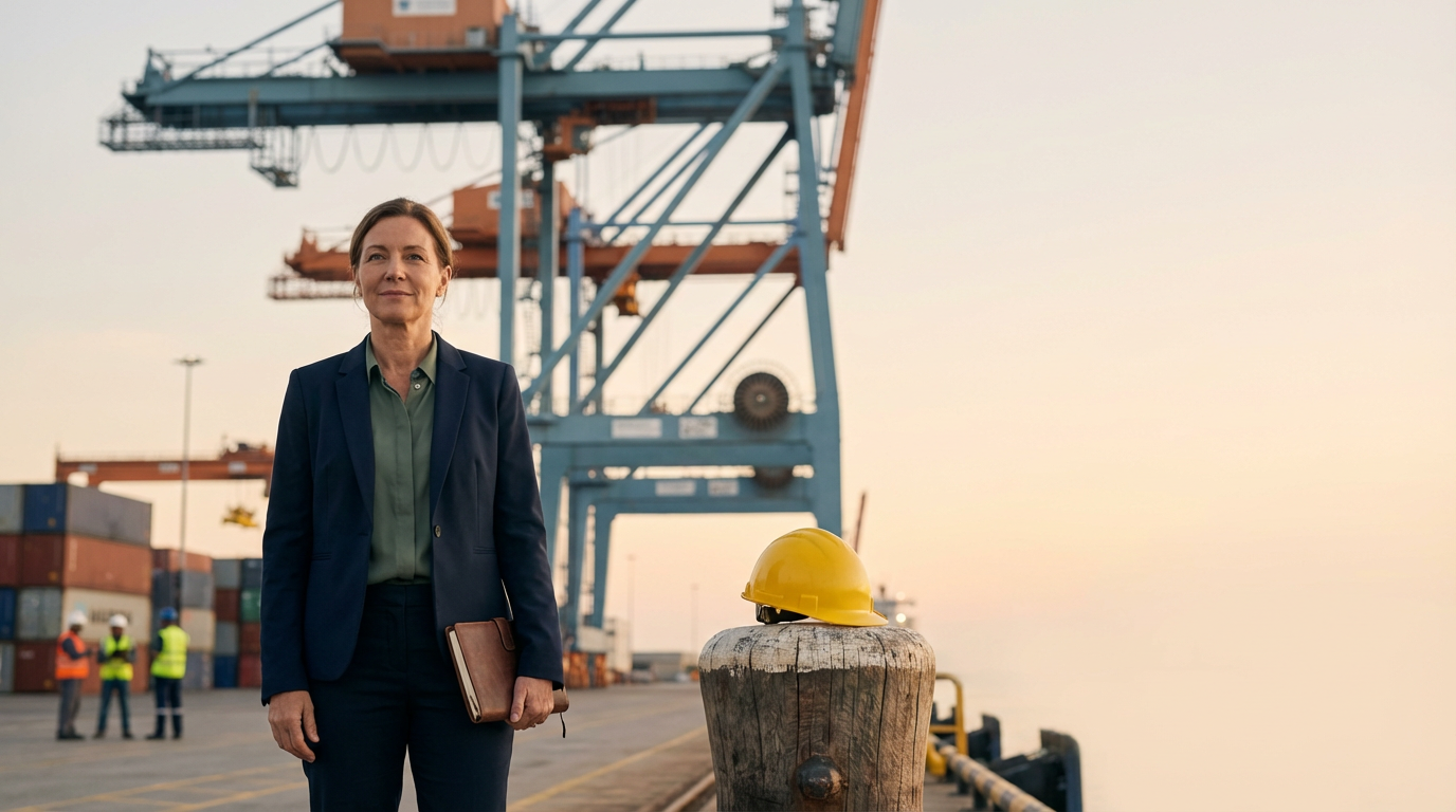 A woman in a green shirt and navy blazer holding a book or folder stands at a port near large cranes and shipping containers, with a yellow safety helmet on a wooden post in the foreground. Several workers in safety vests and helmets are in the background.