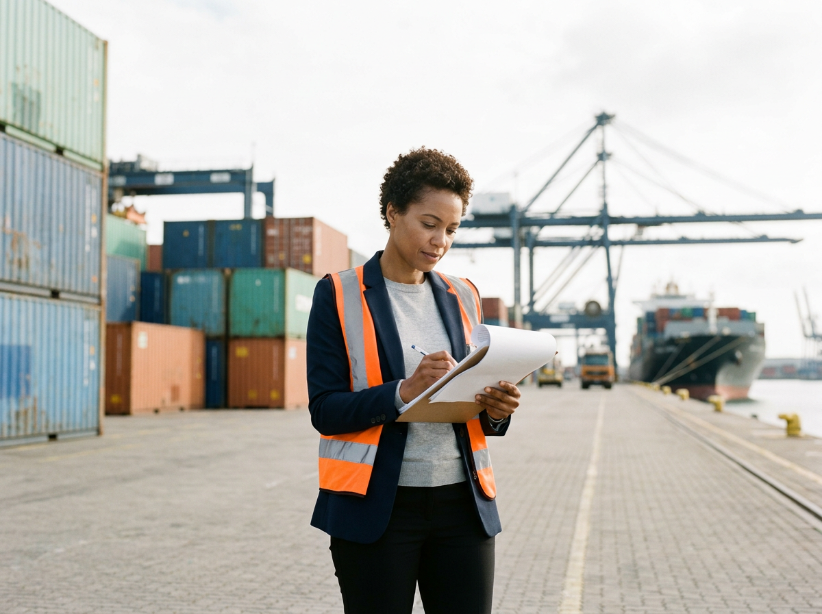 A woman in a safety vest standing at a shipping port, writing on a clipboard with cargo containers and a large cargo ship in the background.