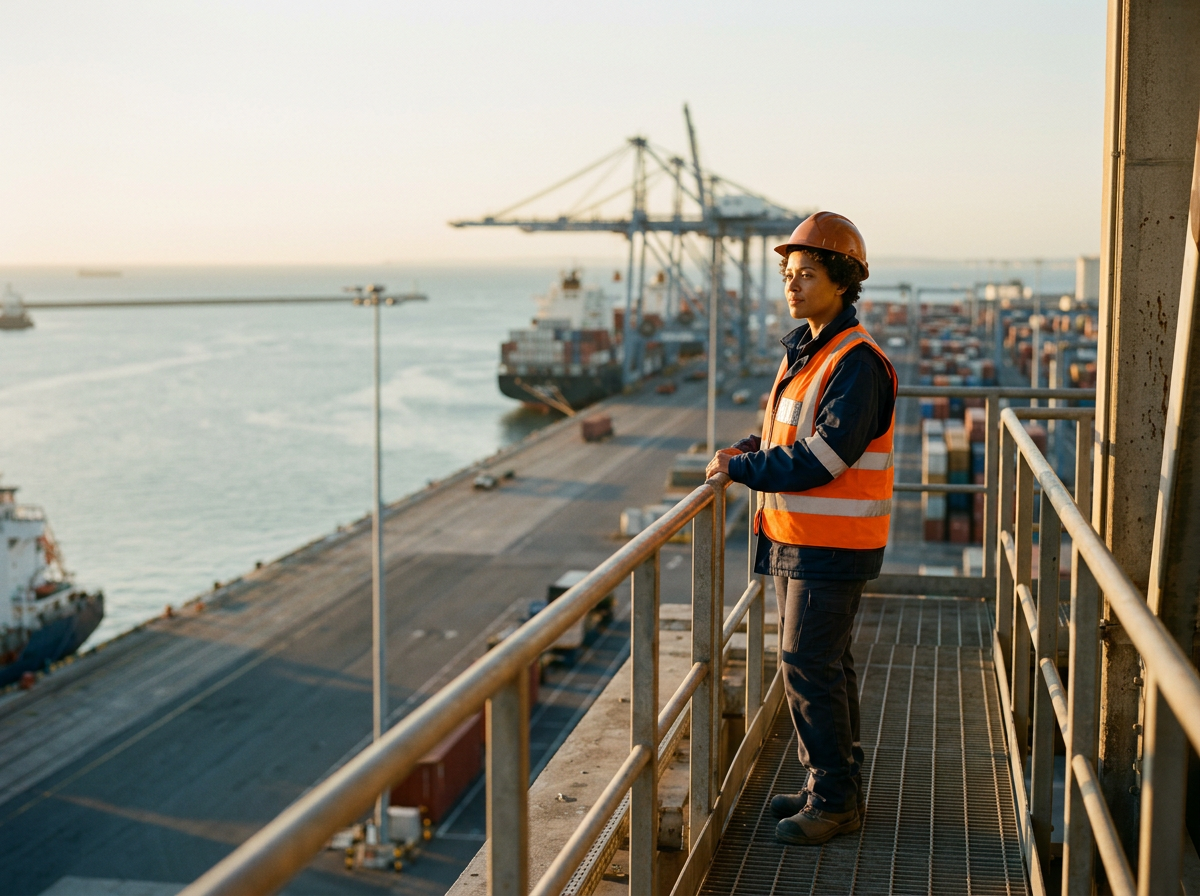 A woman in safety gear looks out over a shipping port from a platform with metal railings, with cargo ships and cranes in the background during sunset.