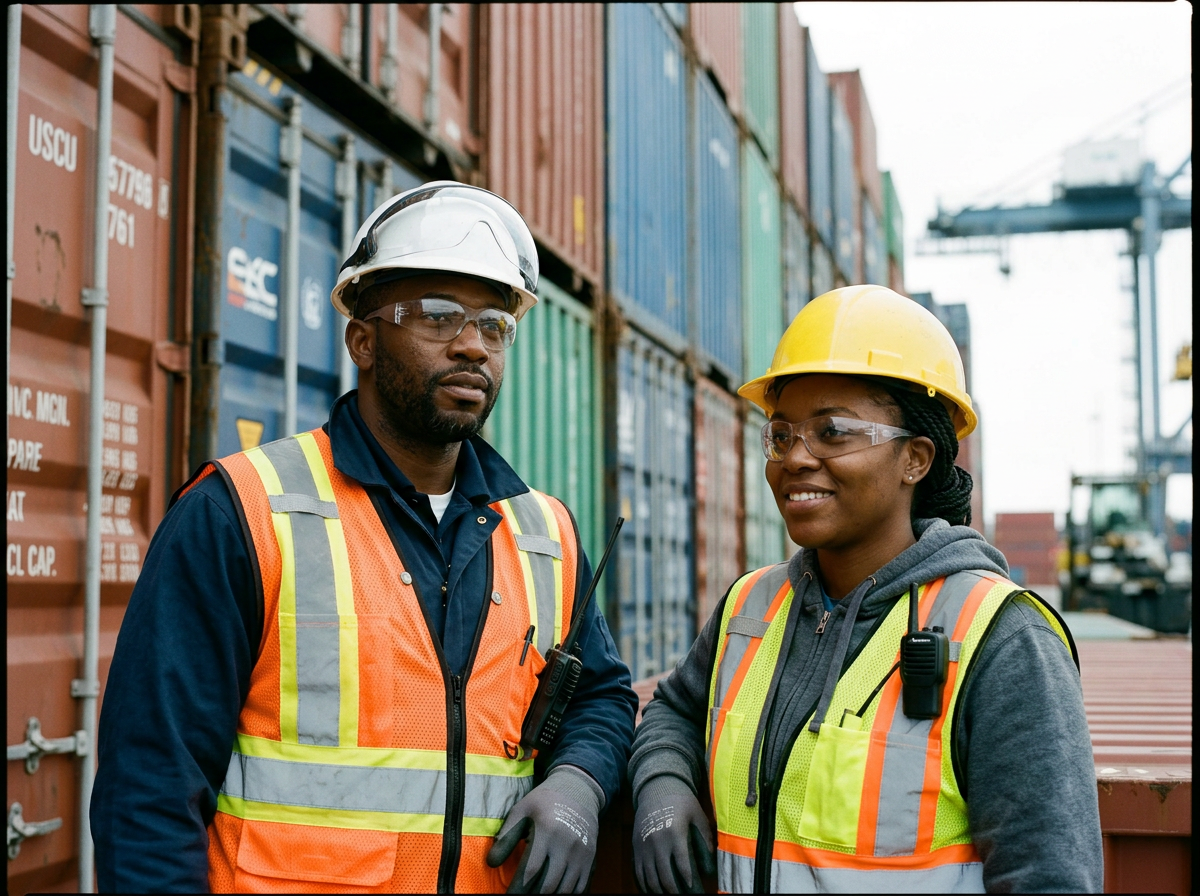 Two workers wearing safety helmets and reflective vests stand near stacked shipping containers at a port.