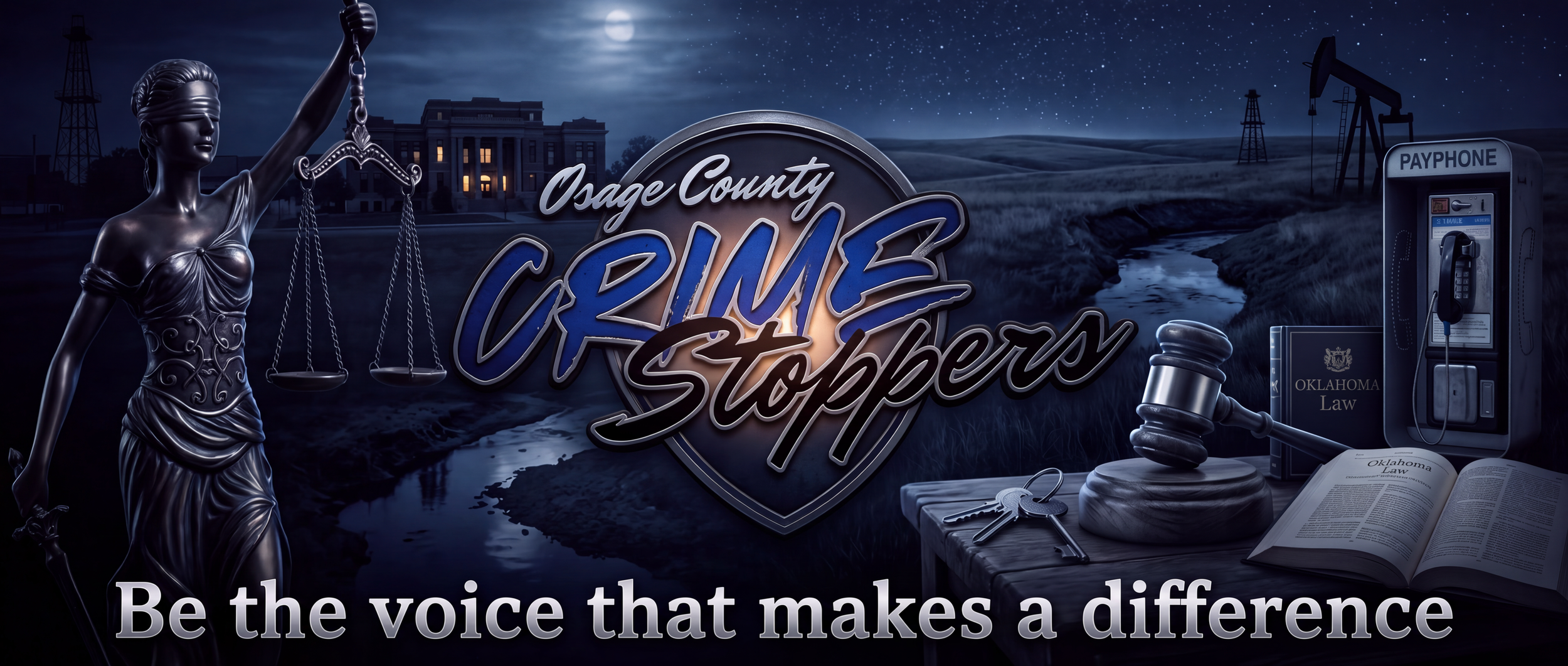A night-time scene featuring a statue of Lady Justice, a courthouse sign, a gavel, keys, legal books, and a payphone, with oil rigs and a building in the background and the words 'Osage County Crime Stoppers' and 'Be the voice that makes a difference'.