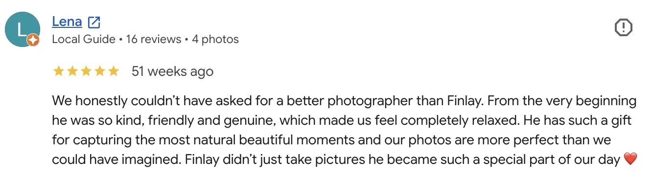 Screenshot of a Google review for a photographer named Finlay, praising their kindness, friendliness, and natural photo skills.