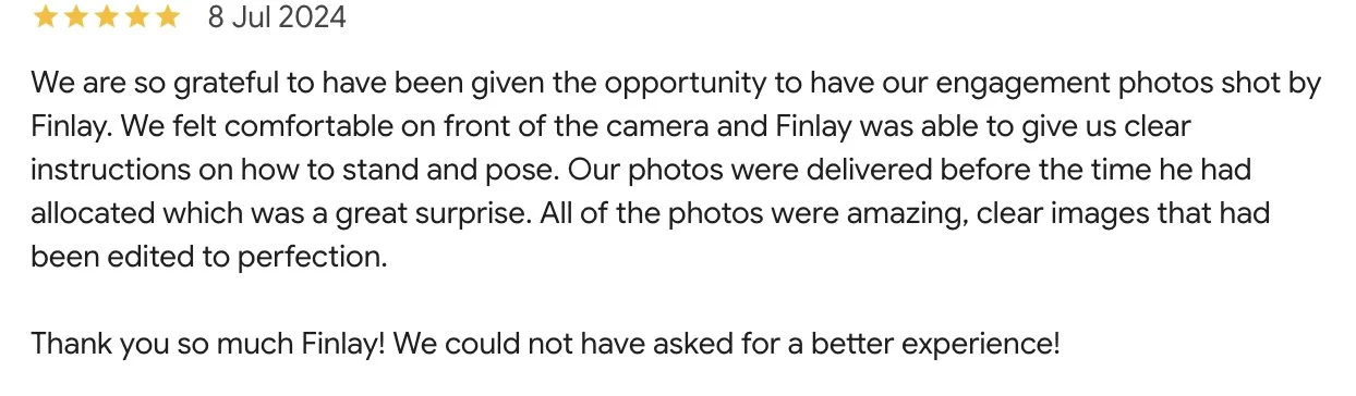 Customer review with 5 stars, dated July 8, 2024, expressing gratitude for photos taken by Finlay during an engagement photo session, praising the clarity, direction, and editing of the images.