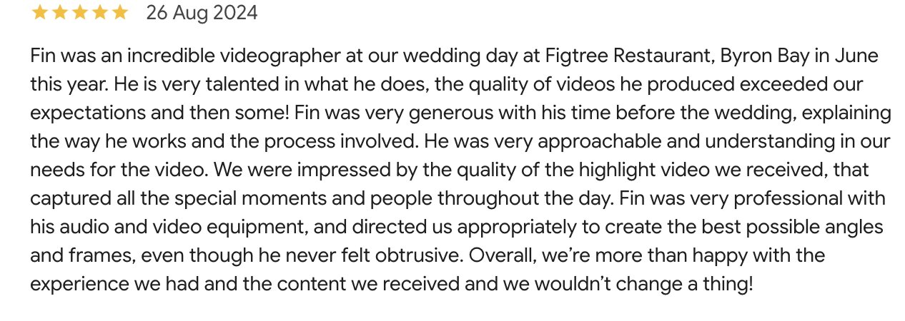 Five-star review with date August 26, 2024, describing a videographer's work at a wedding at Figtree Restaurant, Byron Bay.