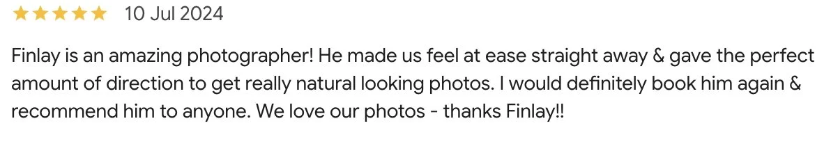 Customer review with 5 stars, date July 10, 2024, praising photographer Finlay for natural-looking photos and recommending his services.