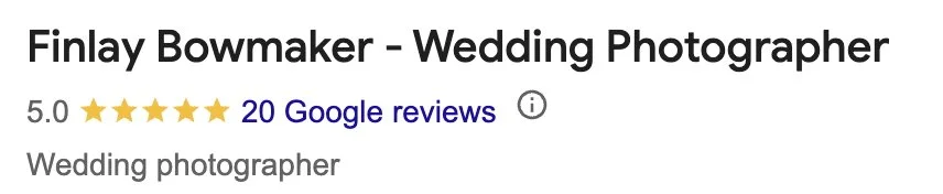 Screenshot of a Google search result for Finlay Bowmaker, a wedding photographer with a 5-star rating and 20 reviews.