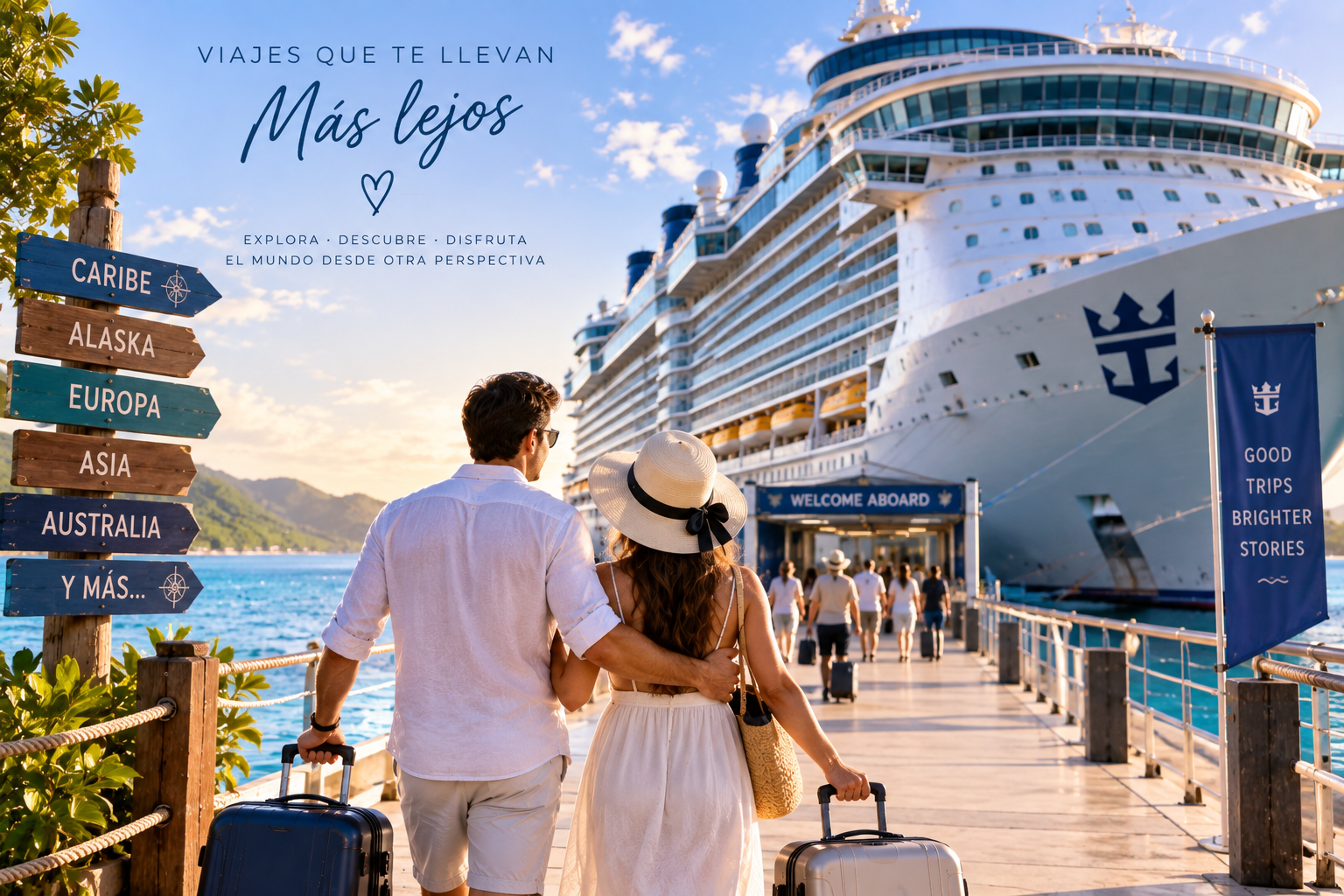 Pareja con maletas en un muelle frente a un crucero, con cartel de destinos turísticos y señal que dice 'Welcome aboard' en un día soleado