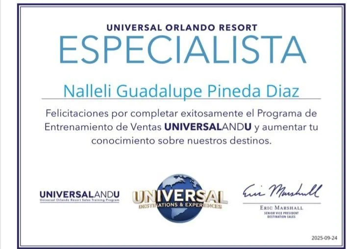 Certificación como especialista de Universal Orlando Resort de Nalleli Pineda, fundadora de Atelier Travel Design.
