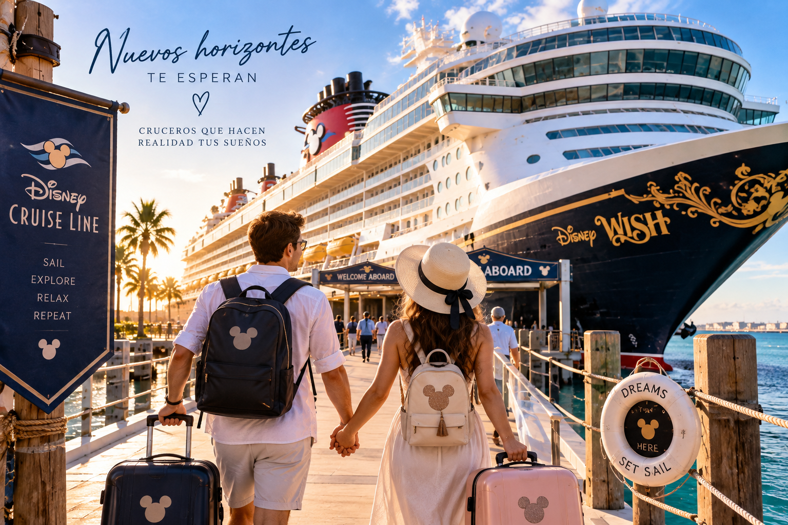 Una pareja con equipaje caminando hacia un crucero de Disney en un muelle, con palmeras y un cielo despejado de fondo.