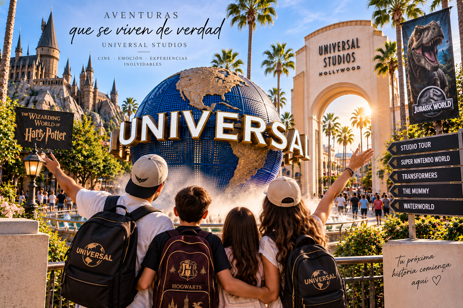 Entrada a Universal Studios Hollywood con un grupo de niños con mochilas, señalando la entrada y el mundo de Universal en el centro.