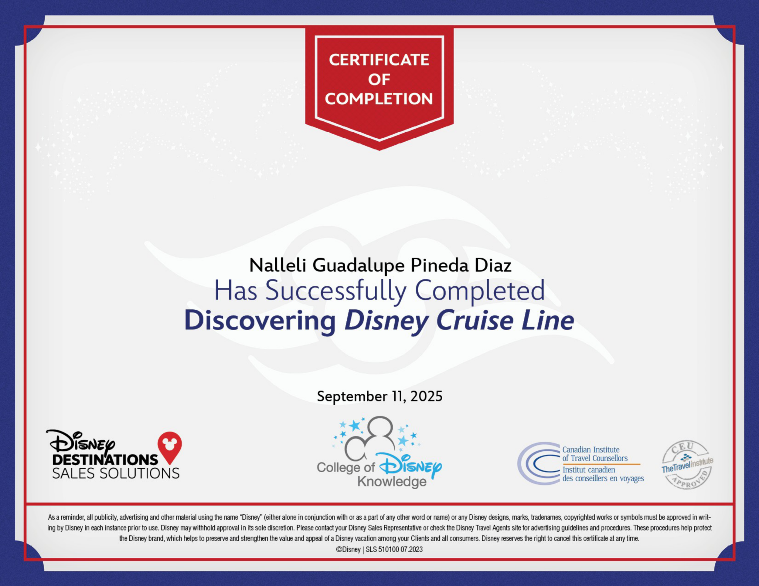 Certificación Discovering Disney Cruise Line de Nalleli Pineda, fundadora de Atelier Travel Design y especialista en cruceros Disney.