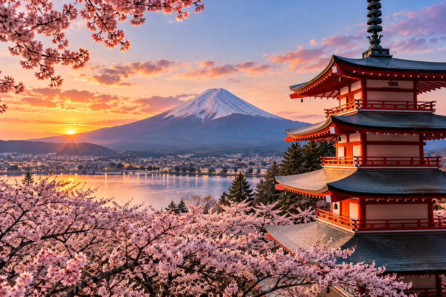 Vista del Monte Fuji con cerezos en flor y un templo japonés al atardecer.