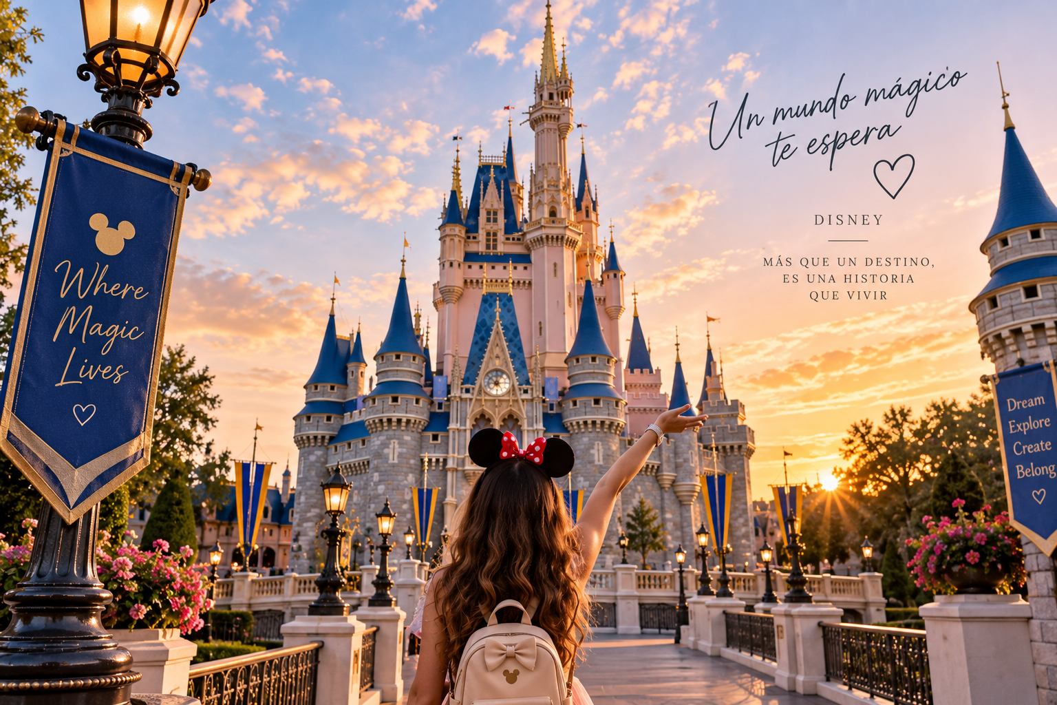 Una joven con orejas de Minnie Mouse y mochila en Disneyland frente al castillo al atardecer, con banderas y farolas decorativas, y mensaje en español y inglés sobre la magia y la historia del lugar.