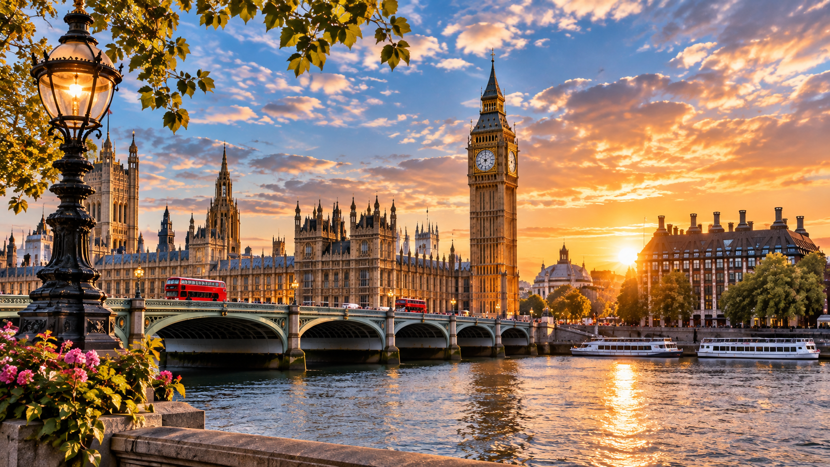 Paisaje urbano de Londres al atardecer, con el Big Ben, el Parlamento y un puente sobre el río. Hay barcos en el agua, árboles y farolas, con un cielo con nubes y sol brillante.