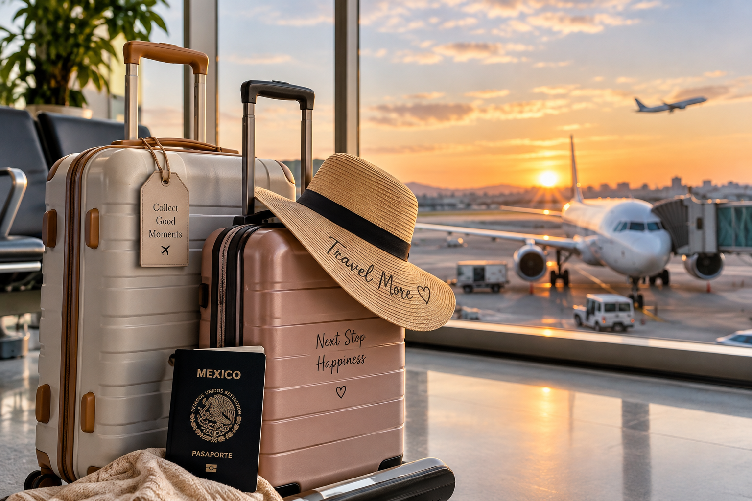 Equipaje en el aeropuerto con maletas y sombrero, vista del avión en la pista durante un atardecer.