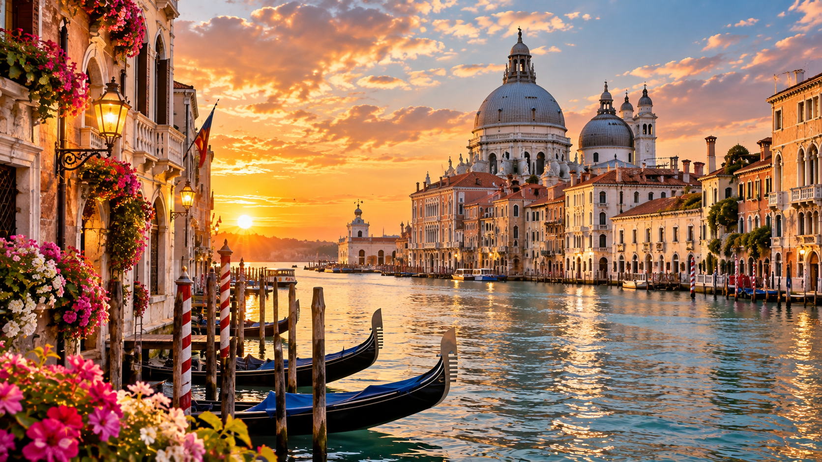 Vista de Venecia al atardecer, con góndolas en el río, edificios antiguos con flores y farolas a la orilla, y la Basílica de Santa María della Salute en el fondo.
