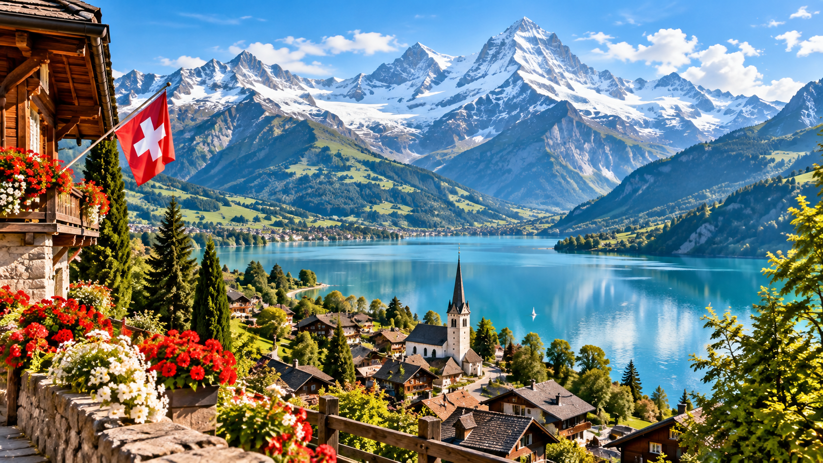Paisaje de montaña con un lago, casas rurales, una iglesia y un chalet con bandera suiza, rodeado de árboles y flores, con picos nevados al fondo y cielo azul con nubes.