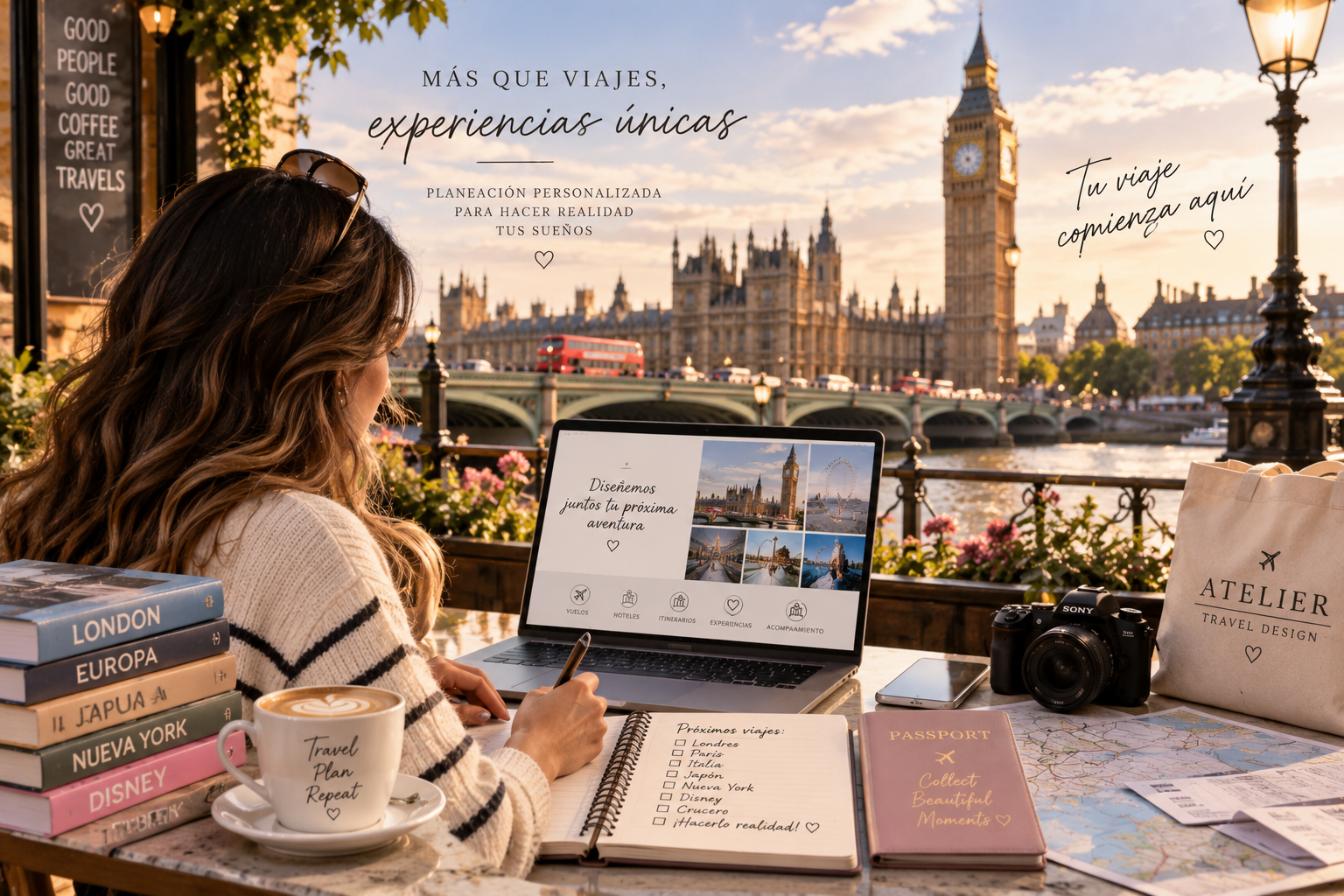 Mujer en café al aire libre con vista al río y el Big Ben en Londres, rodeada de libros, cámara, mapas y planeador de viajes, planificando futuras aventuras.