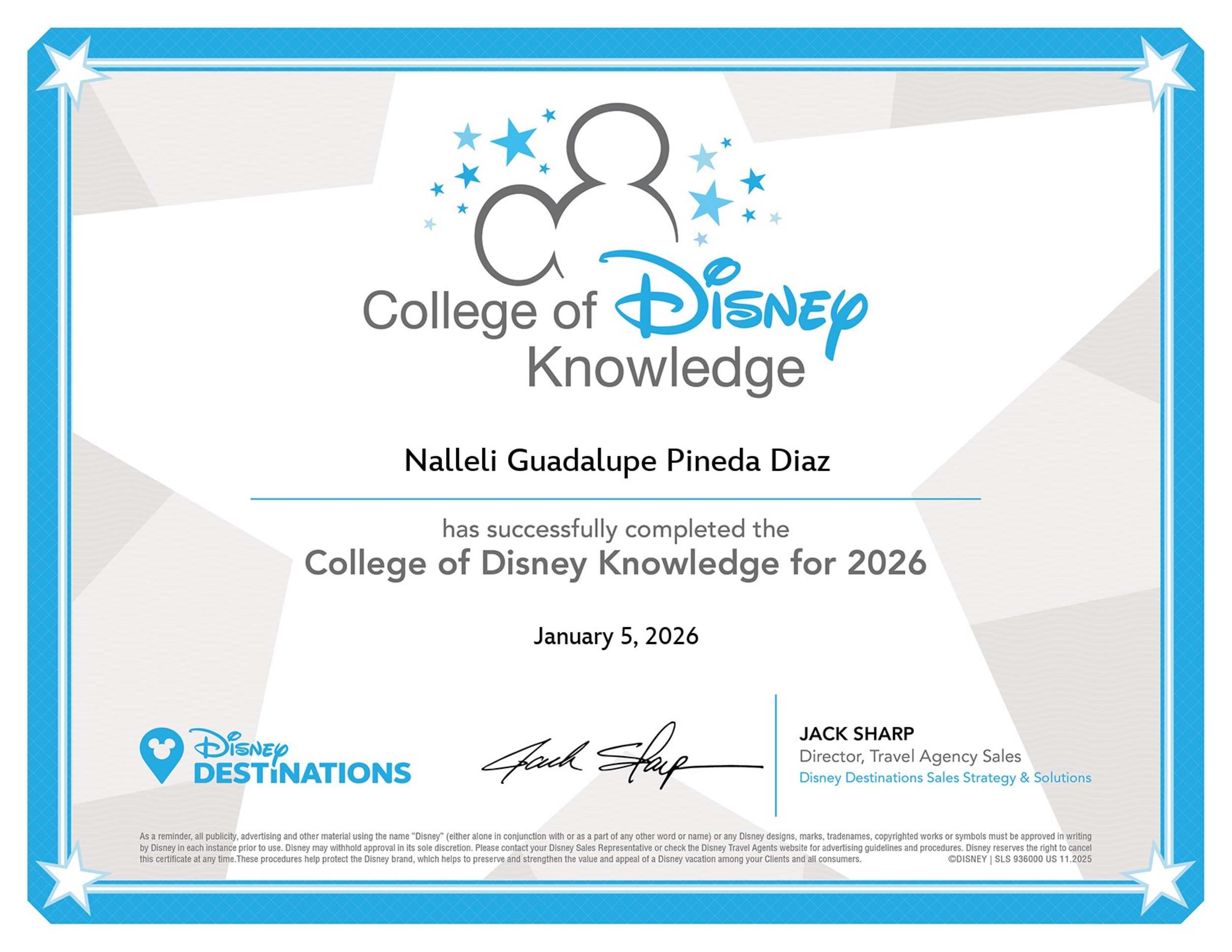Certificación Collage of Disney Knowledge 2026 de Nalleli Pineda, fundadora de Atelier Travel Design.