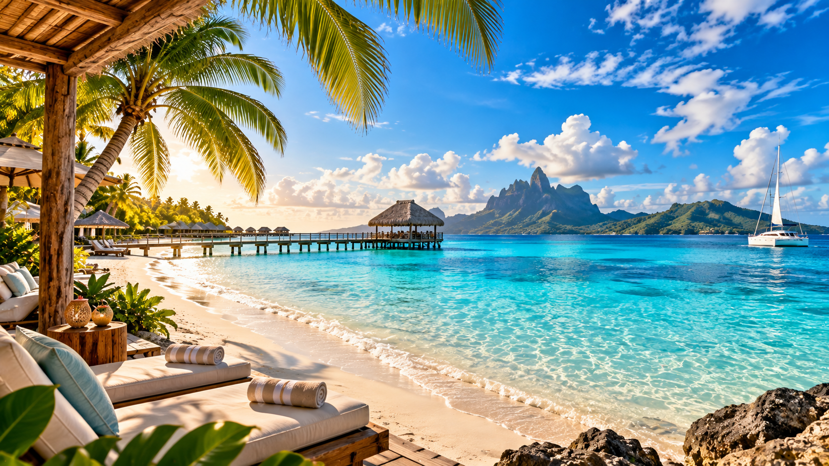Paisaje tropical con playa de arena blanca, palmeras, cabañas con techos de paja, muelle de madera y un catamarán en la bahía, con montañas en el fondo y un cielo con nubes y sol.