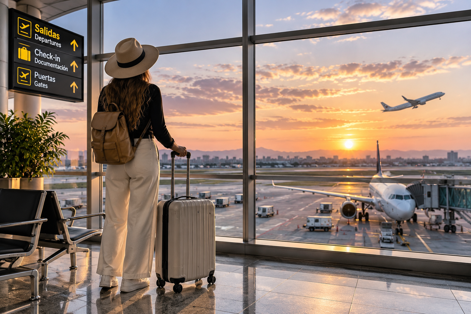 Mujer con sombrero y mochila mirando la pista del aeropuerto con un avión despegando durante el atardecer.