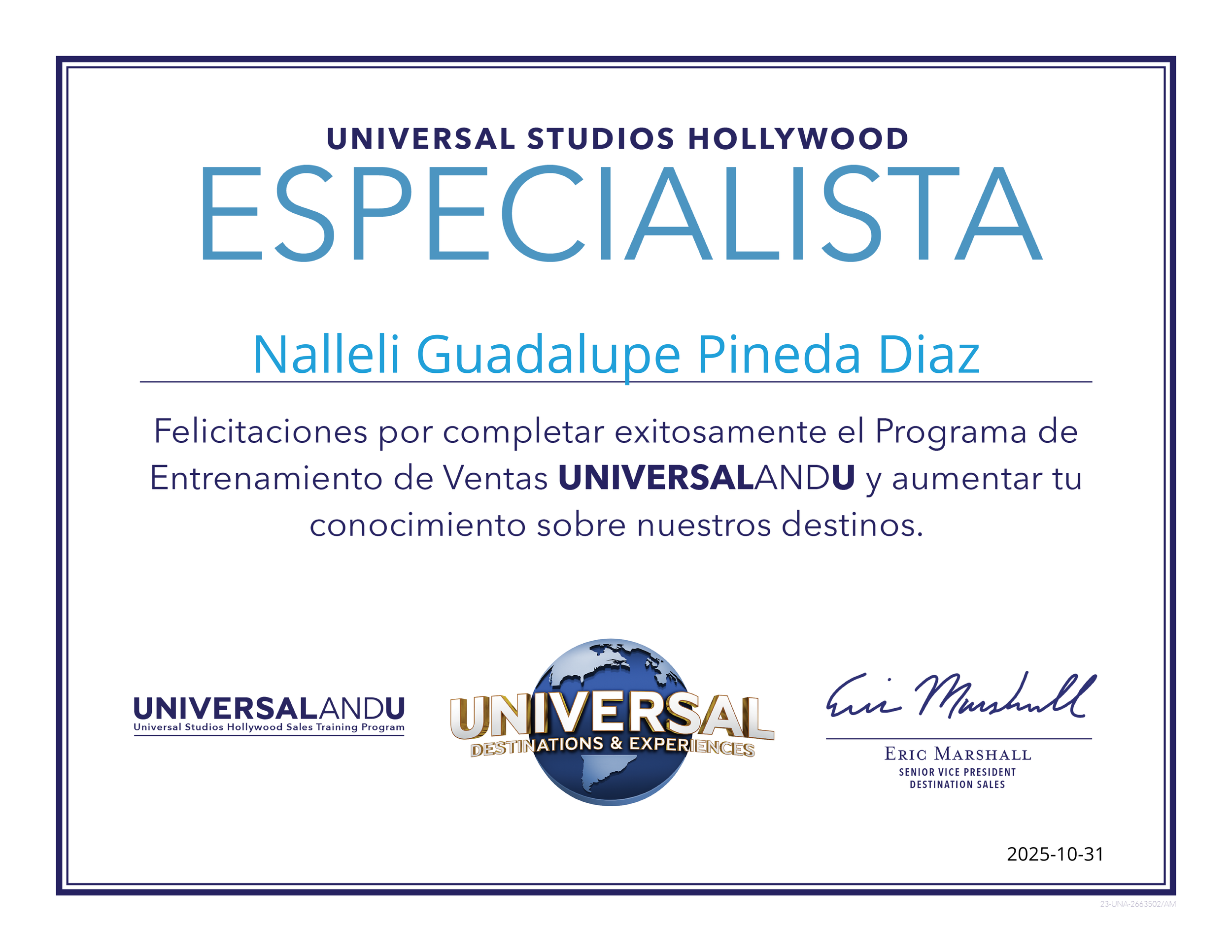 Certificación como especialista de Universal Studios Hollywood de Nalleli Pineda, fundadora de Atelier Travel Design.