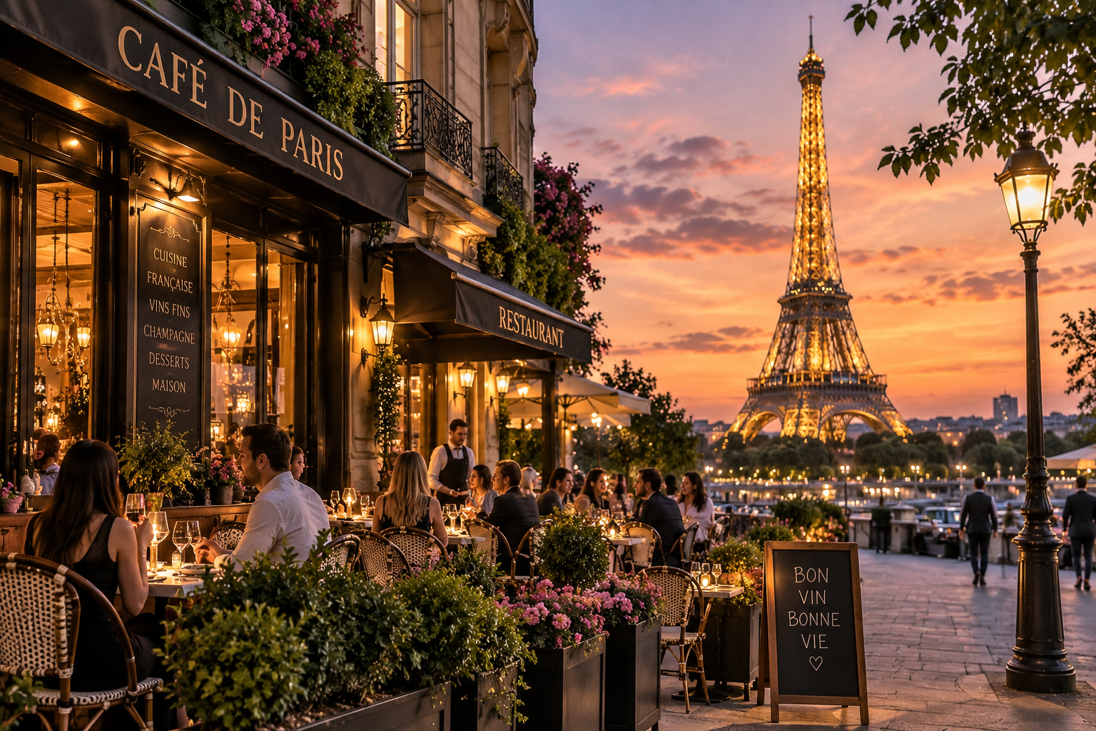Restaurante frente al río con vista a la Torre Eiffel al atardecer, personas cenando, luces cálidas, decoraciones florales y cartel que dice 'Bon Vin Bonne Vie'.