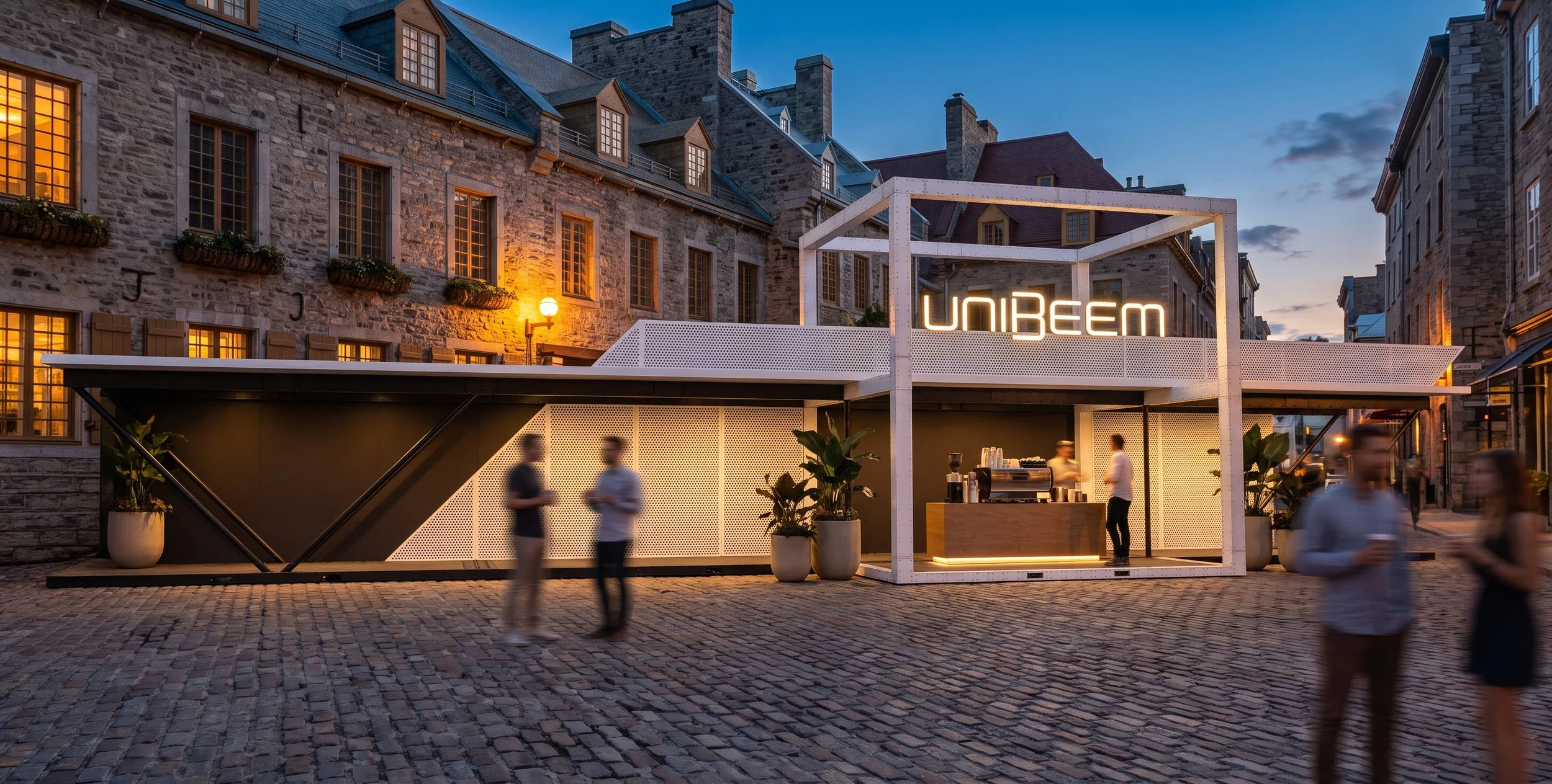 Conceptual architectural rendering of the Unibeem modular system, illustrating its versatility for custom branded environments and public spaces.