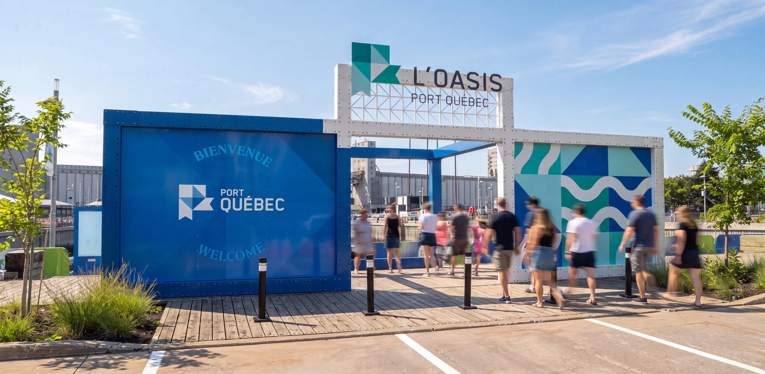Unibeem modular architectural structures for Oasis & Village Nordik at the Port of Québec, creating distinctive branded environments and public spaces.
