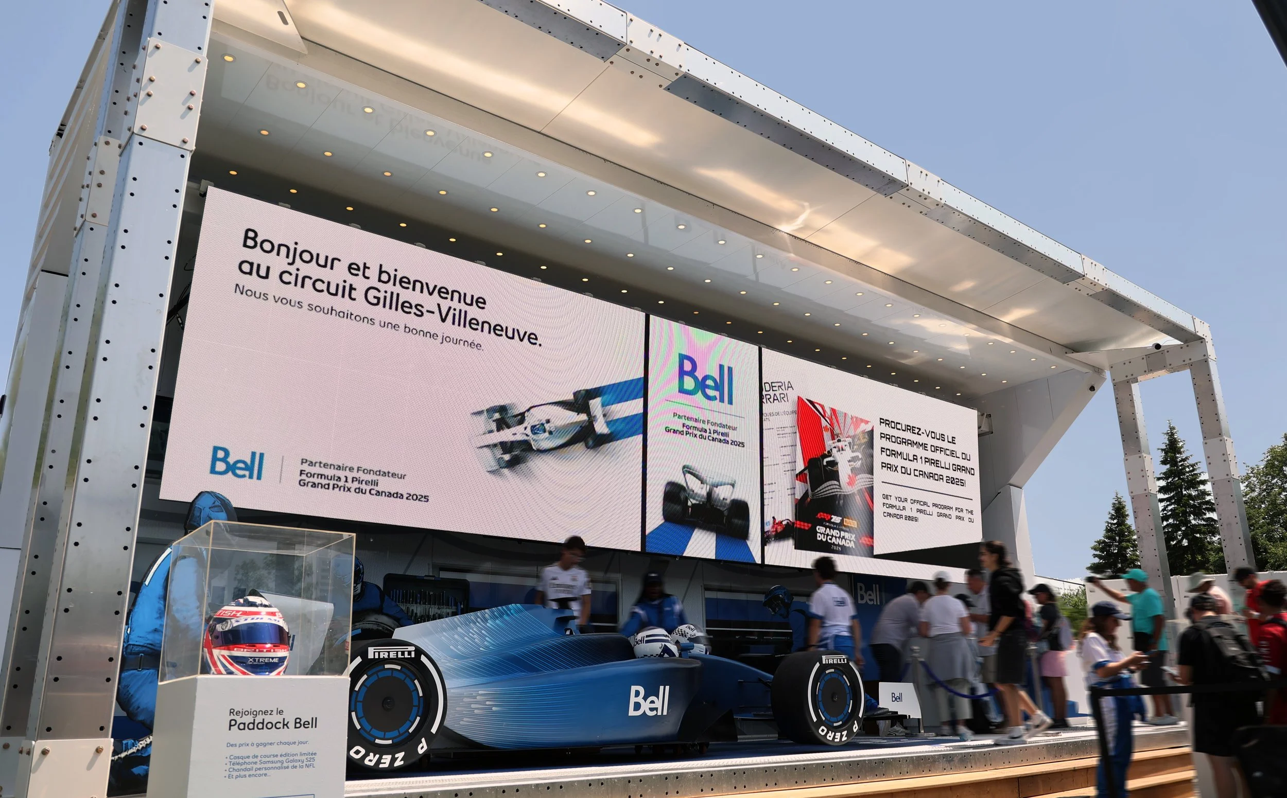 Unibeem modular event structure for Bell at the Formula 1 Canadian Grand Prix in Montréal, Canada. Custom architectural system for premium brand activations.