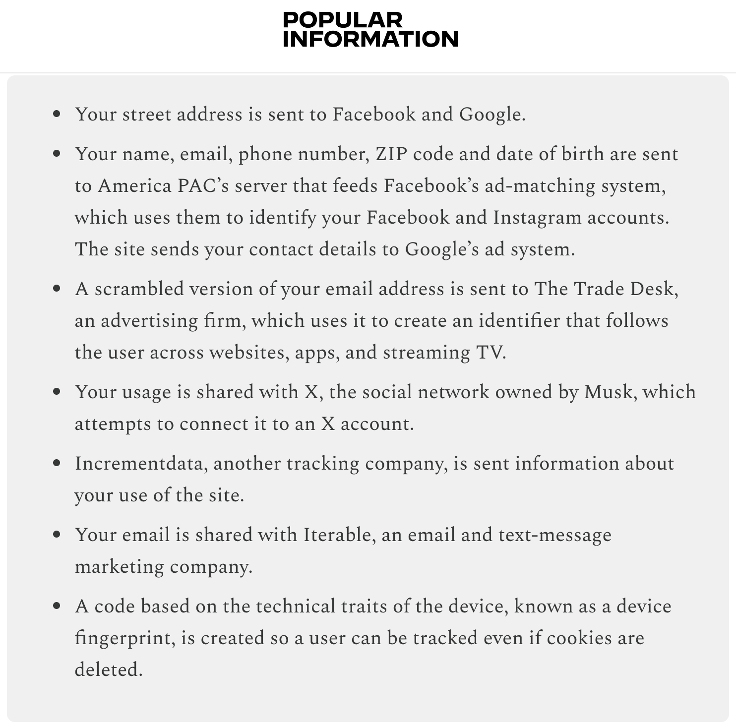 A webpage titled "Popular Information" displaying a list of privacy and data sharing practices, including tracking, email sharing, and data collection methods.