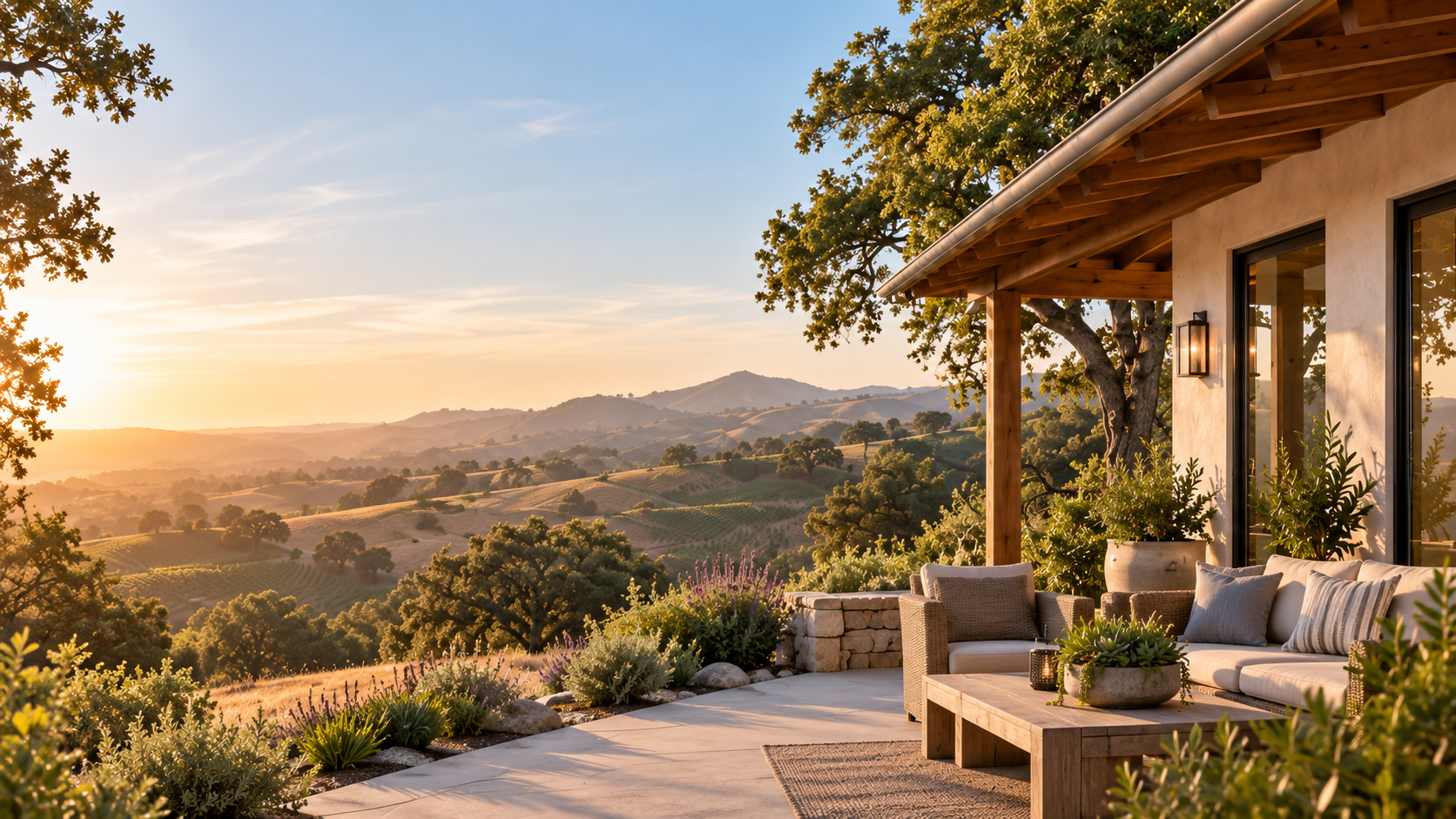 Sunset view from a patio with outdoor seating and plants, overlooking rolling hills and trees