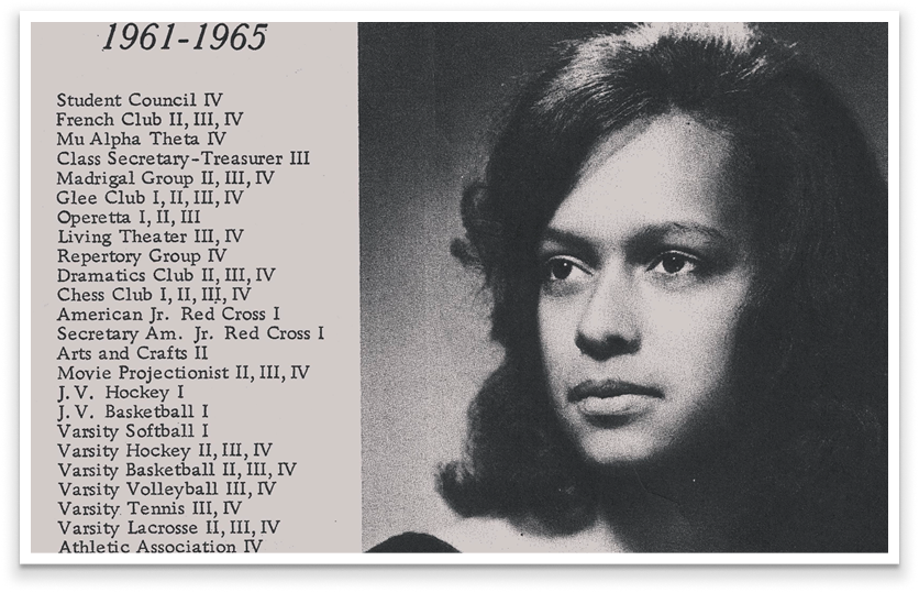 Black and white photograph of a young woman with short dark hair, looking to the side, next to a list of school or club activities and honors from 1961-1965.