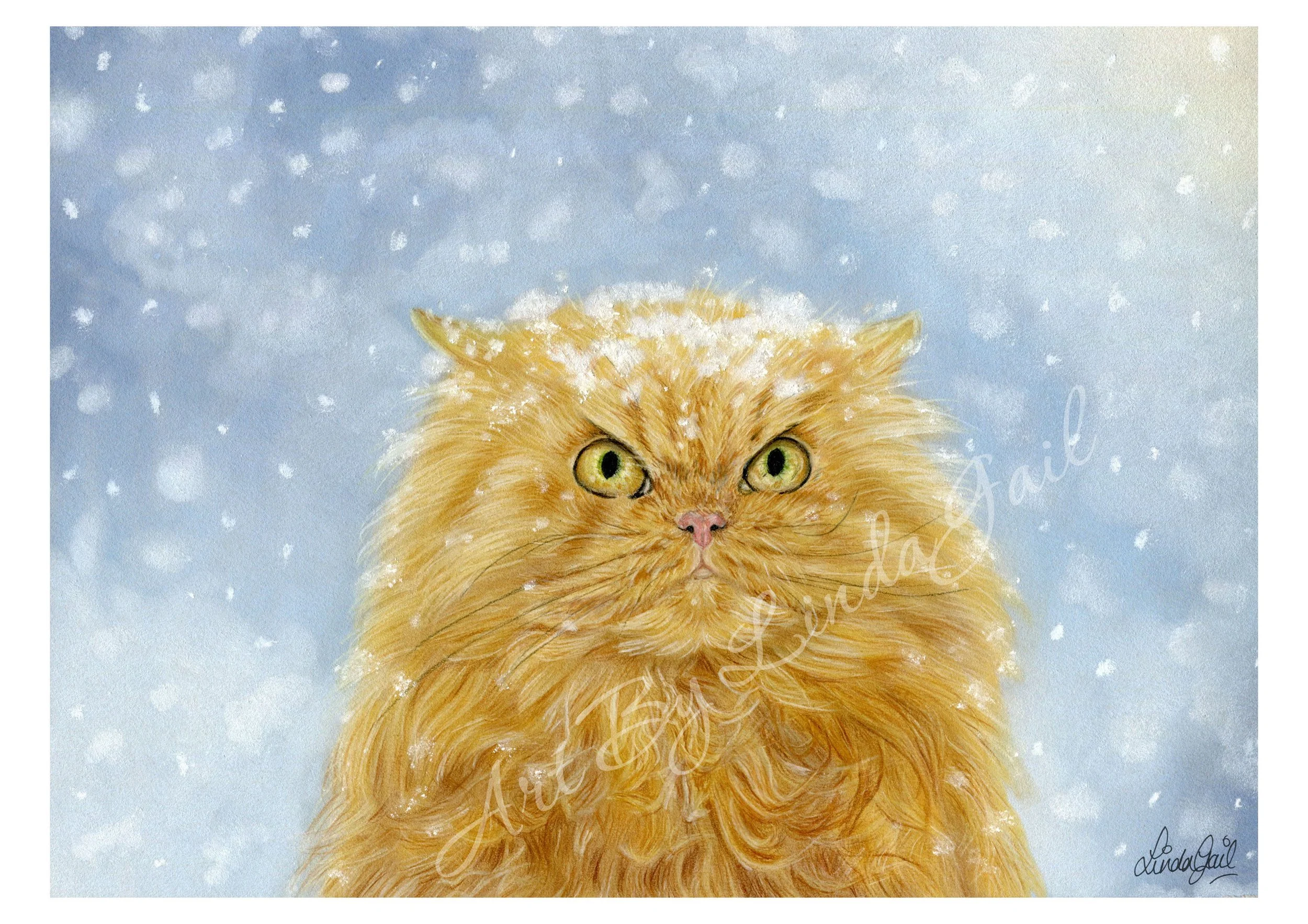 A coloured pencil drawing of an orange cat, a grumpy ginger cat with snow falling around and on his head, against a pale winter sky.