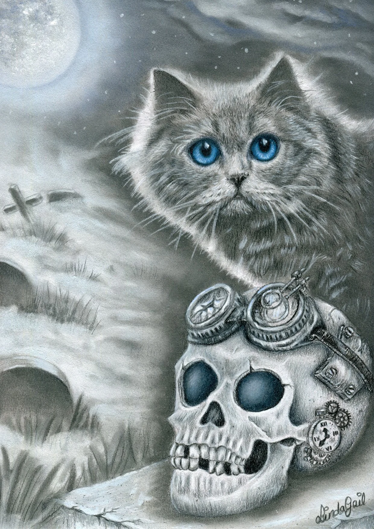 Coloured pencil drawing of blue eyed cat sitting next to a skull with steampunk goggles on top, set in a misty graveyard under a moonlit sky.