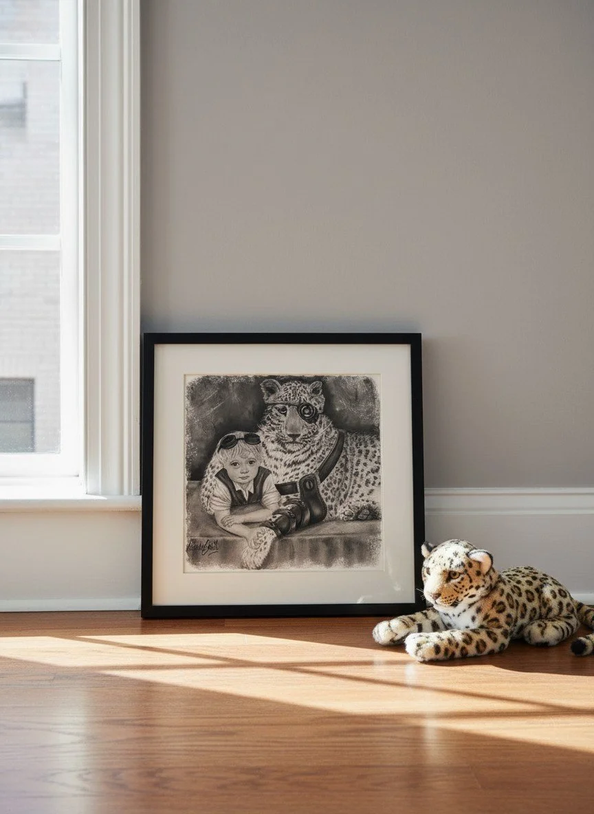 A framed art print drawing of a boy with goggles sitting next to a leopard, the leopard has steampunk aesthetics . Next to the frame, a stuffed leopard toy is on the wooden floor, with sunlight illuminating the scene inside a room.